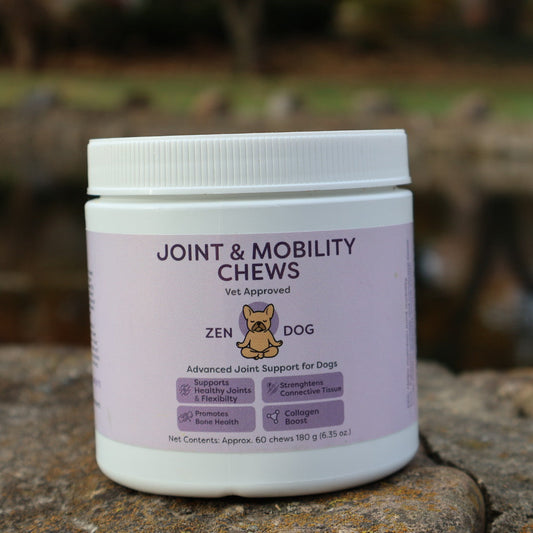 Jar of Zen Dog Joint & Mobility Chews on a stone surface with a blurred natural background