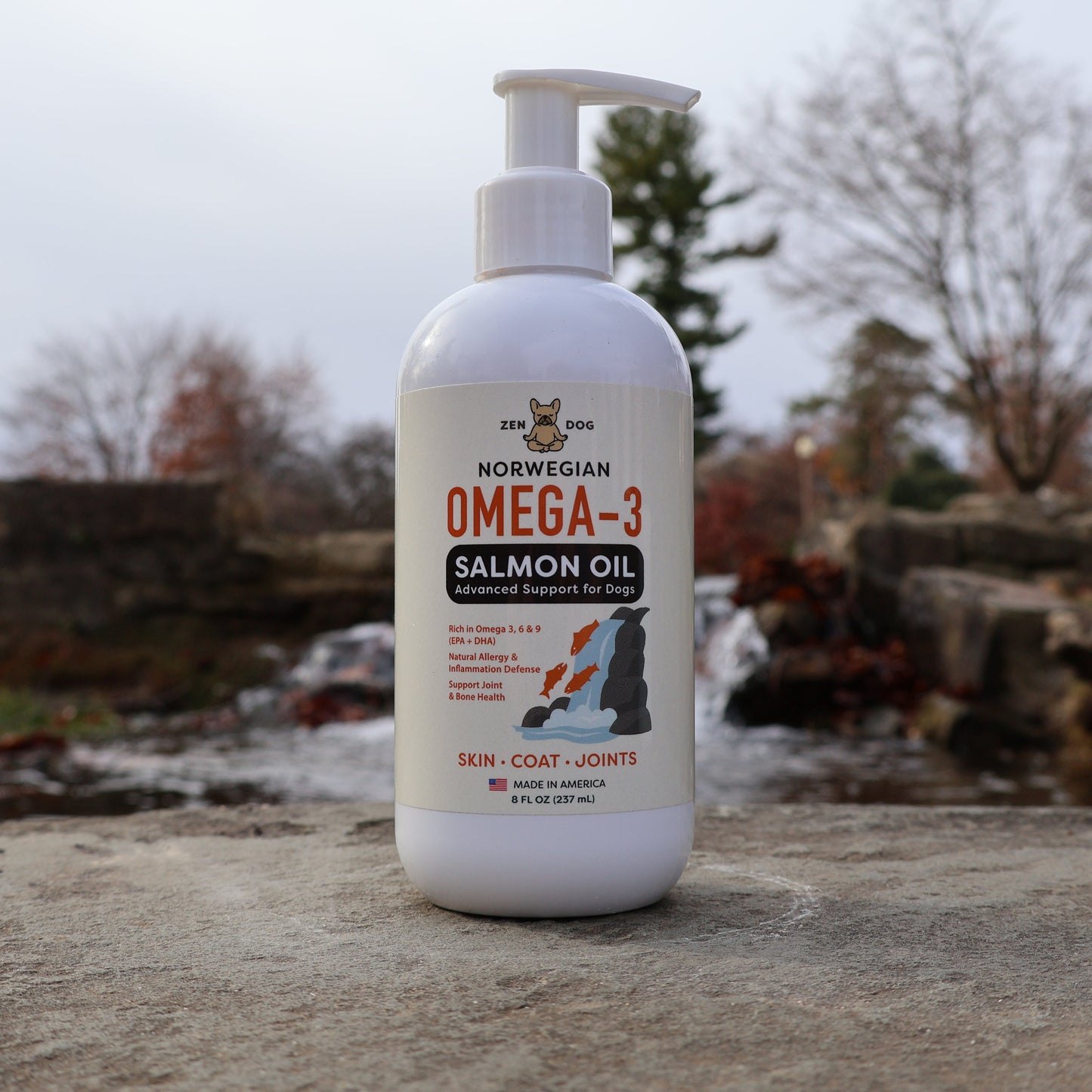 Salmon Oil bottle on rocks