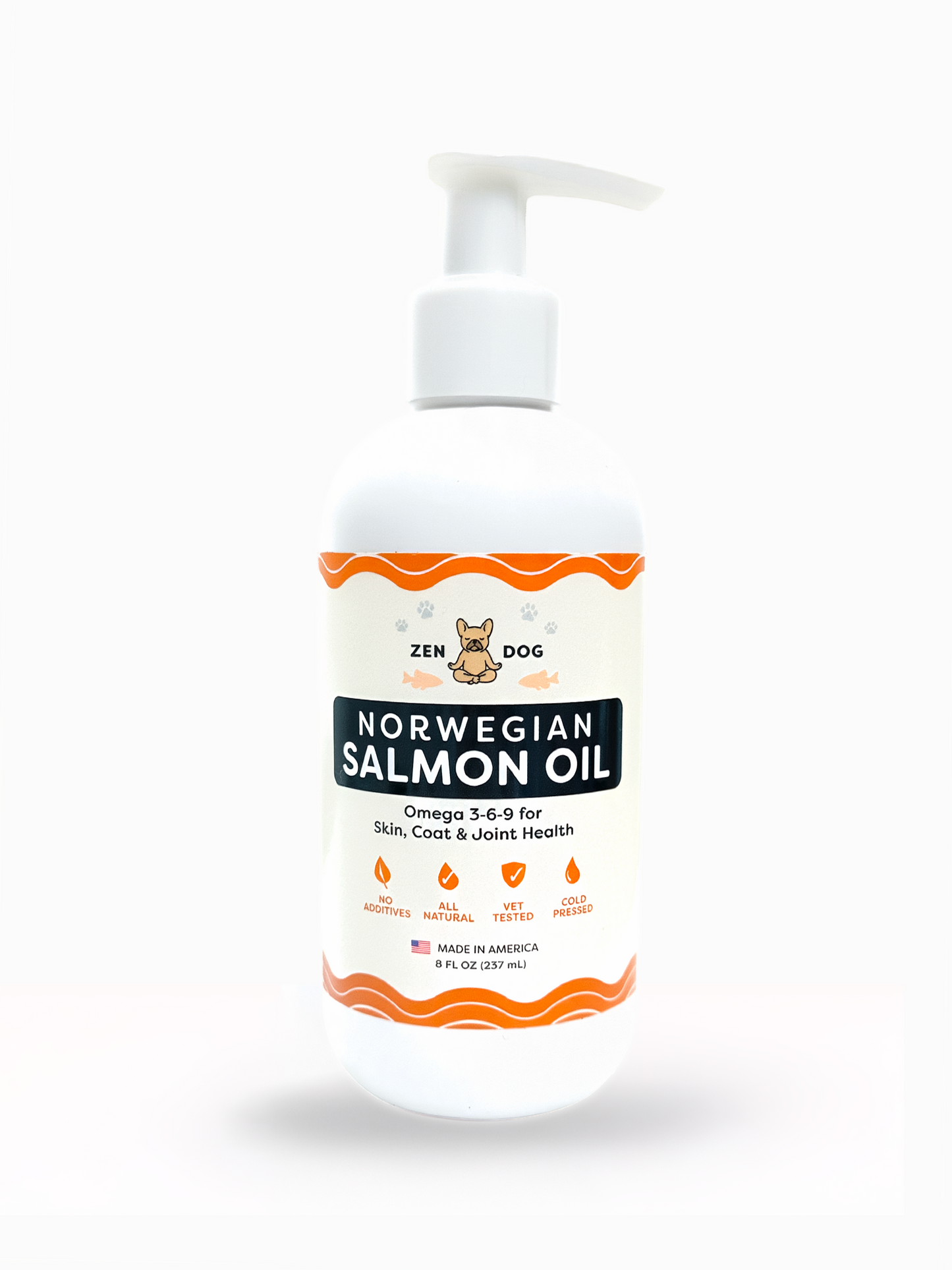 Bottle of Norwegian Salmon Oil for dogs on a white background