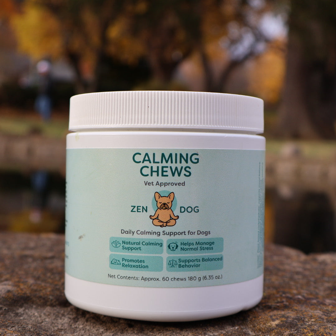 Container of 'Calming Chews' for dogs on a stone surface with a blurred natural background
