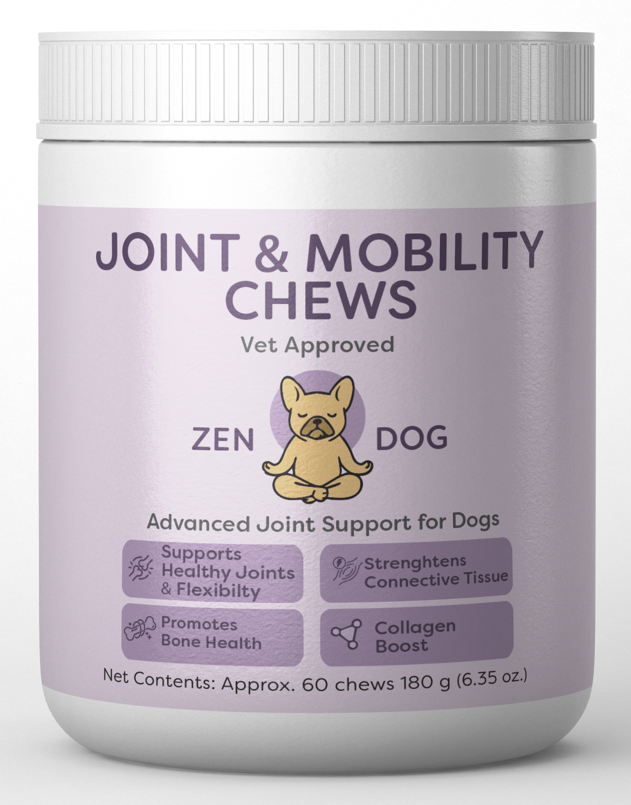 Jar of Zen Dog Joint & Mobility Chews on a white background