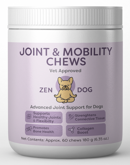 Jar of Zen Dog Joint & Mobility Chews on a white background