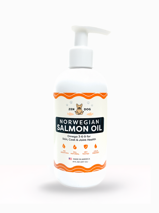 Bottle of Norwegian Salmon Oil for dogs on a white background