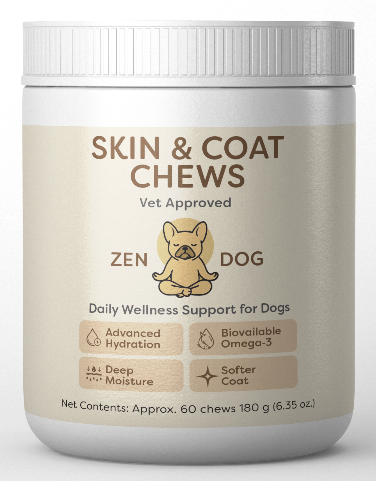 Jar of Zen Dog Skin & Coat Chews on a white background
