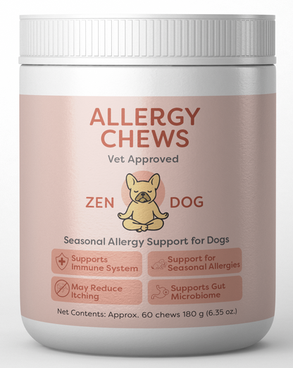 Jar of Zen Dog Allergy Chews for dogs on a white background