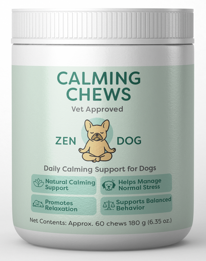 Container of Zen Dog Calming Chews for dogs on a white background