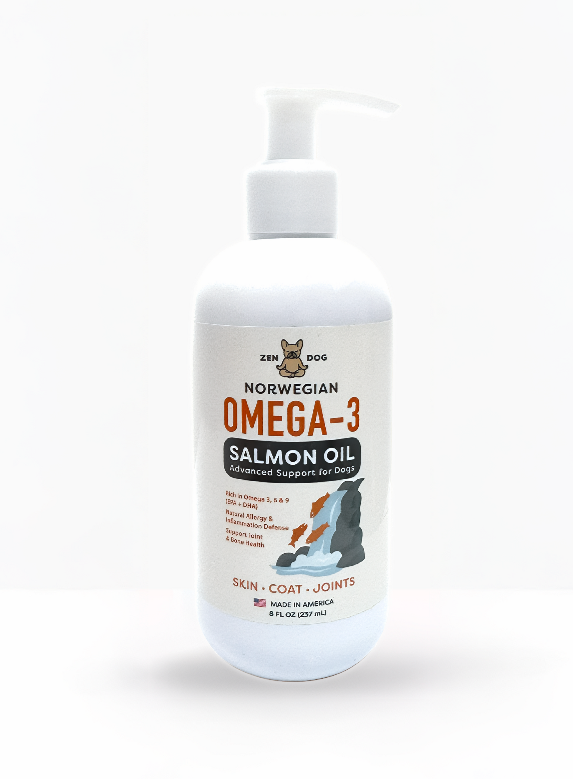 Bottle of Norwegian Omega-3 Salmon Oil for dogs on a white background